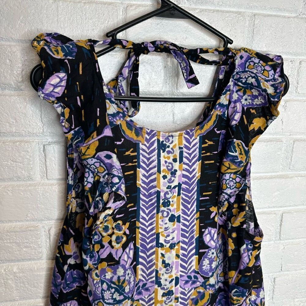 Free People‎ Tunic Summer In Tulum Purple Floral Linen Blend size Large - Picture 2 of 6